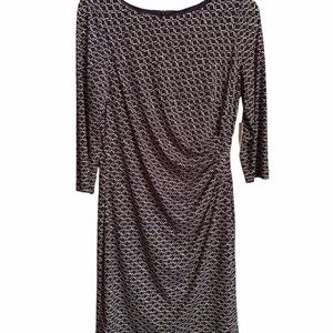 Eliza J Navy/White Geometric Design-Sheath Dress-Size 12-Rusched-Zipper back NWT